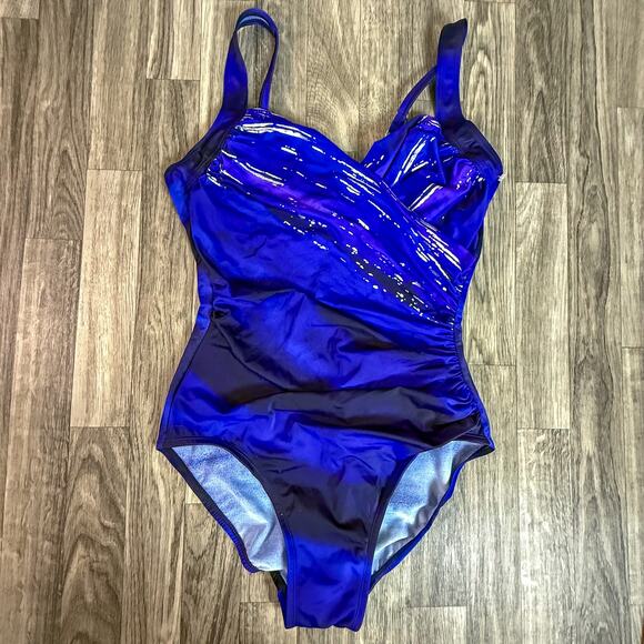 Blue Ruched One Piece Swimsuit Shiny Print Adjustable Straps Size Medium - Picture 2 of 4